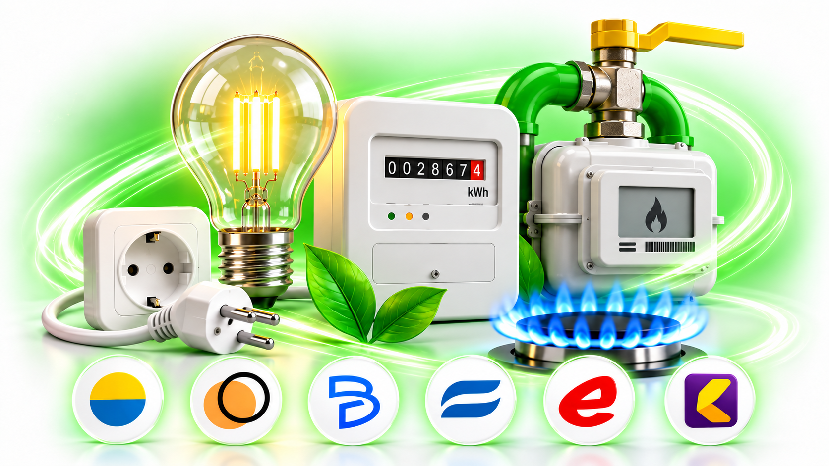 Strom und Gas – Zähler, Steckdose, Gasbrenner und grüne Energie